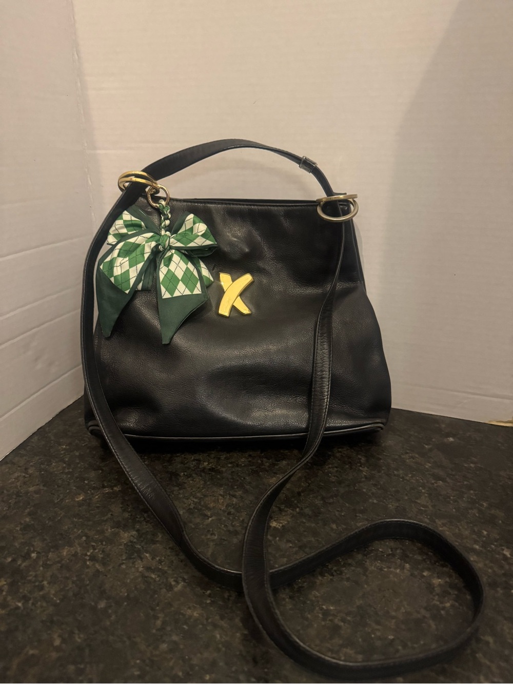 Paloma Picasso Black Leather Shoulder Bag with Green Bow Charm